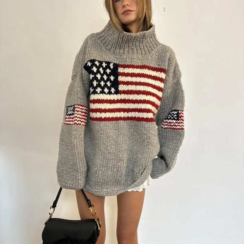 Flag Design Knit Casual Loose Round Neck Sweater