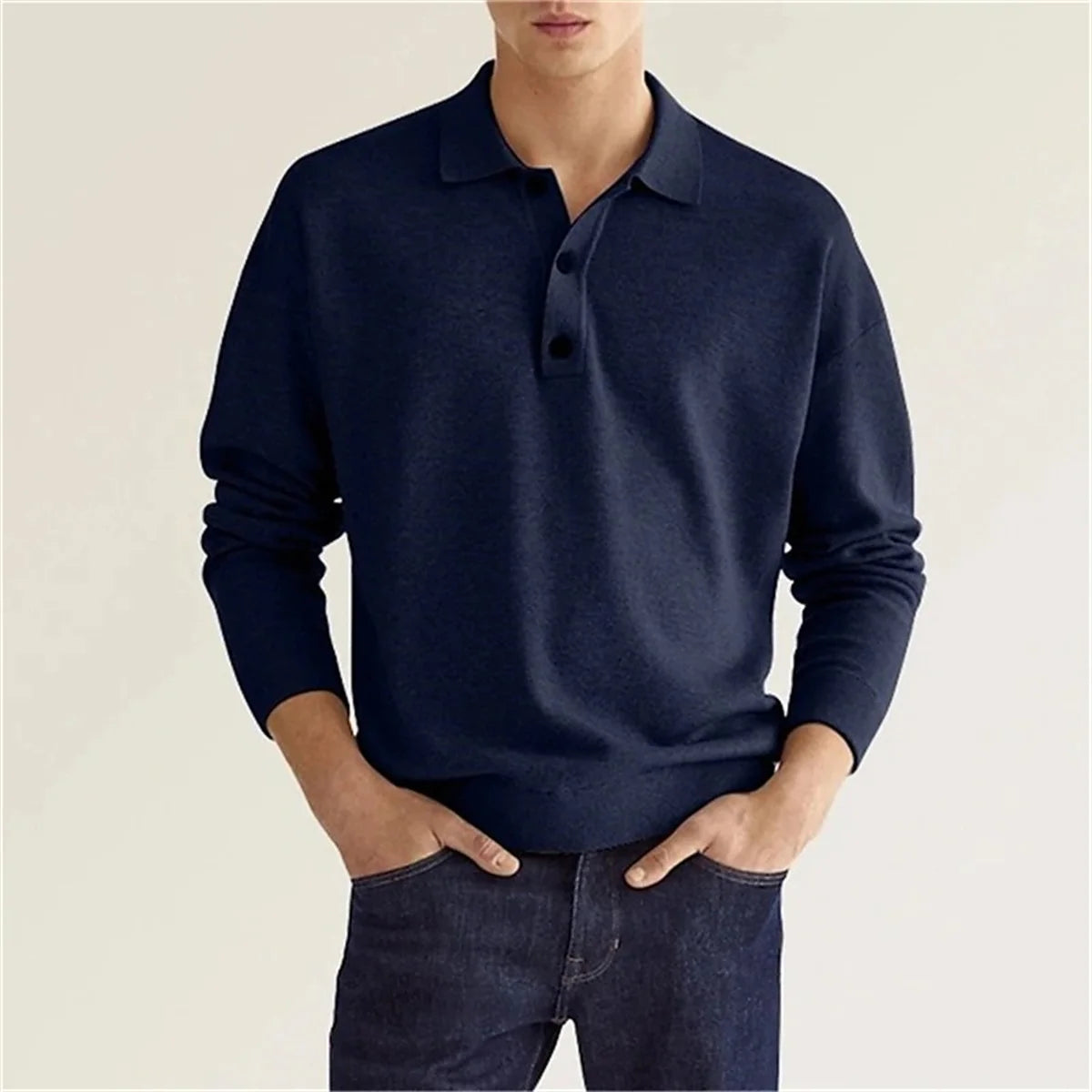 Men's Relaxed Breathable Solid Color Button V-Neck Long-Sleeved Polo Shirt - Premium Sweater from Craftklart.store - Just $14! Shop now at Craftklart.store