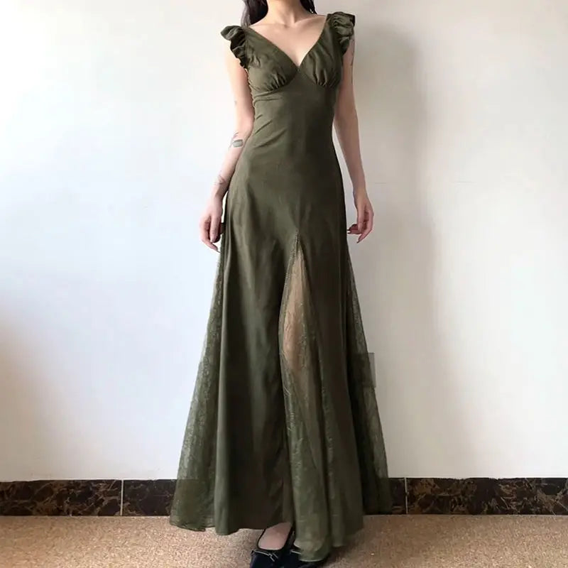 Women's V Neck Sheer Lace Patchwork High Waist Elegant Party Dress - Premium Dress from Craftklart Dropship - Just $27.74! Shop now at Craftklart.store