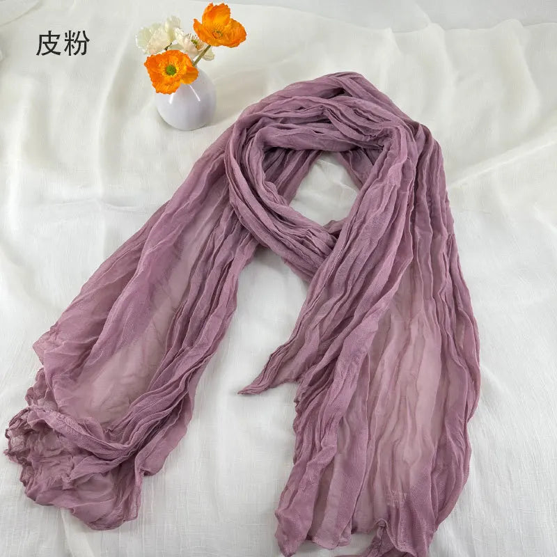 Women Soft Breathable Cotton and Linen Scarves Solid Color Pleated Scarf Retro Bohemian Style Long Wraps 180*90cm Multi Color