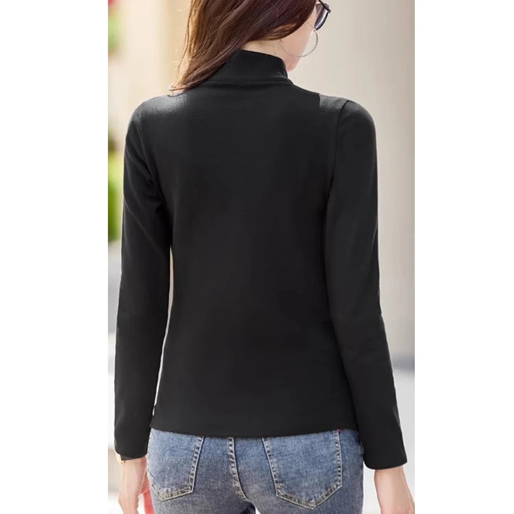 Korean Version High Neck Zipper Long Sleeved T-shirt for Women