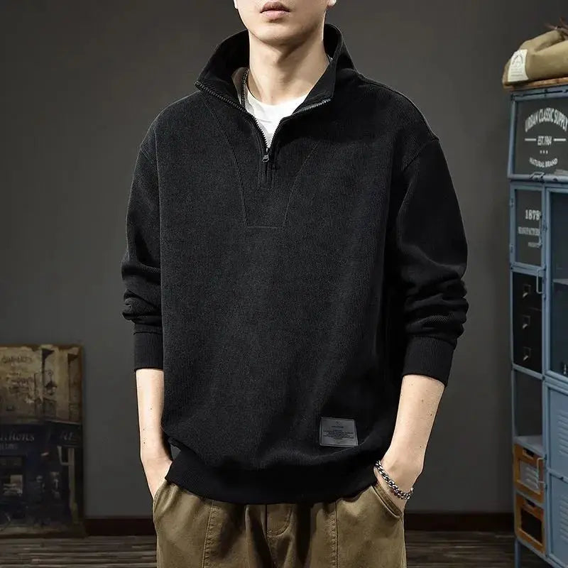 Men's Urban Street Styled Long-sleeved Half Zipper Polo Top