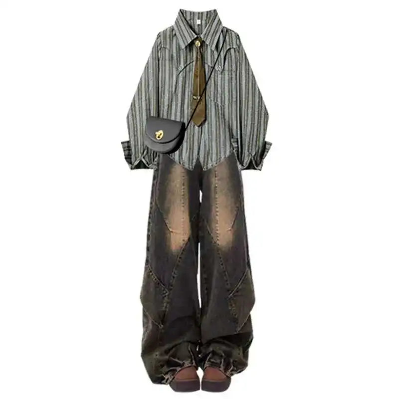 Women's Casual Blouses Patchwork Button Punk Jeans Two Piece Suits