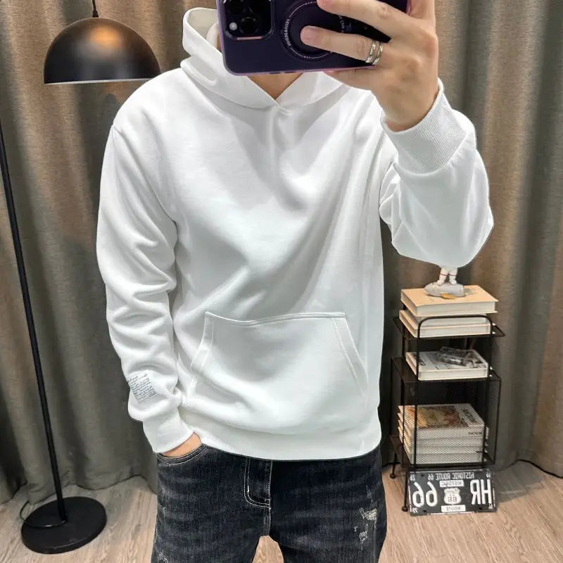 Solid Color Hooded Long Sleeved Hoodie Men's Clean Version Simple Casual Pullover Men's Casual Top Trendy