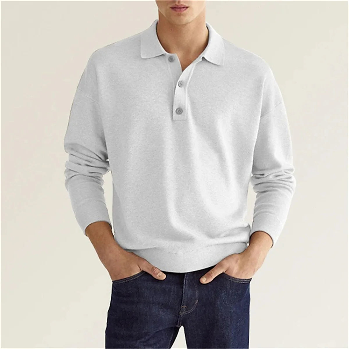 Men's Relaxed Breathable Solid Color Button V-Neck Long-Sleeved Polo Shirt - Premium Sweater from Craftklart.store - Just $14! Shop now at Craftklart.store