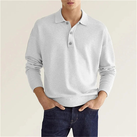Men's Relaxed Breathable Solid Color Button V-Neck Long-Sleeved Polo Shirt - Premium Sweater from Craftklart.store - Just $14! Shop now at Craftklart.store