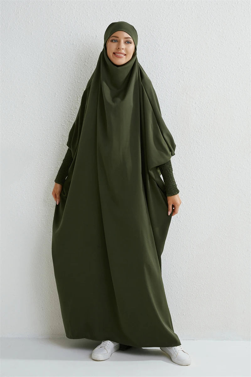 Women's Urban Flowing Hooded Abaya with Smocking Sleeve One-piece