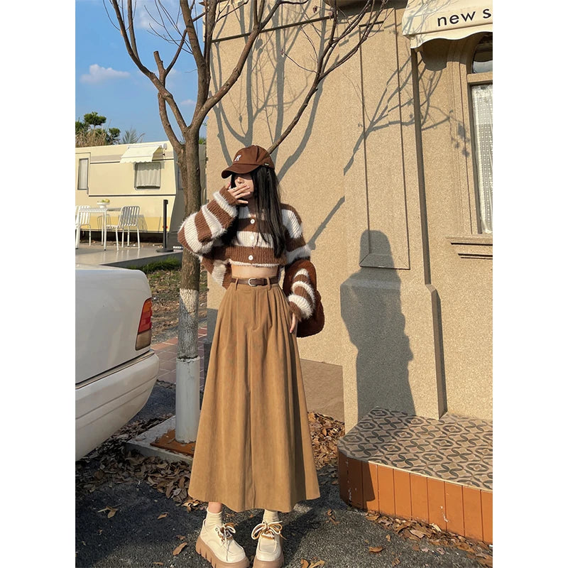 Women's High Waist Vintage Belt Corduroy Midi Skirt - Premium Skirt from Craftklart Dropship - Just $13.06! Shop now at Craftklart.store