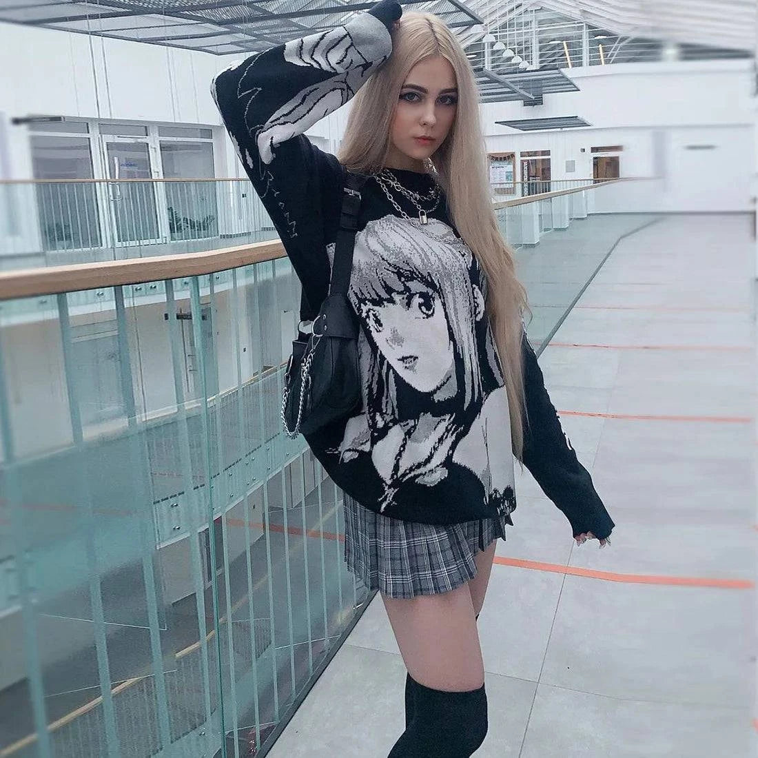 Retro Japanese style anime girl knitted sweater by Craftklart, featuring colorful anime-inspired design and cozy knit fabric.