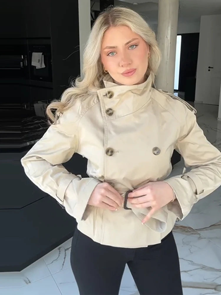 Urban Chic Stand Collar Double Breasted Long Sleeve Short Jacket