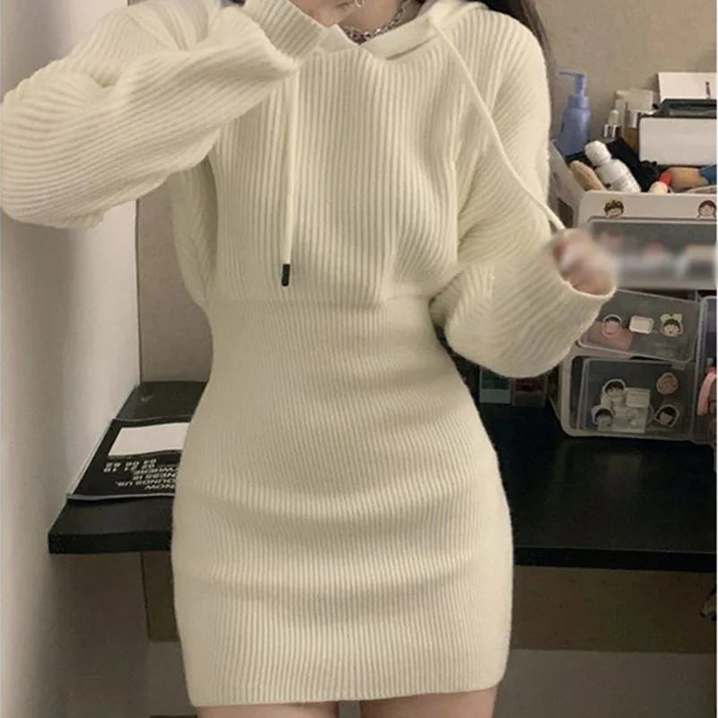 Woman White Knit Korean Elastic High Waist Mini Dresses