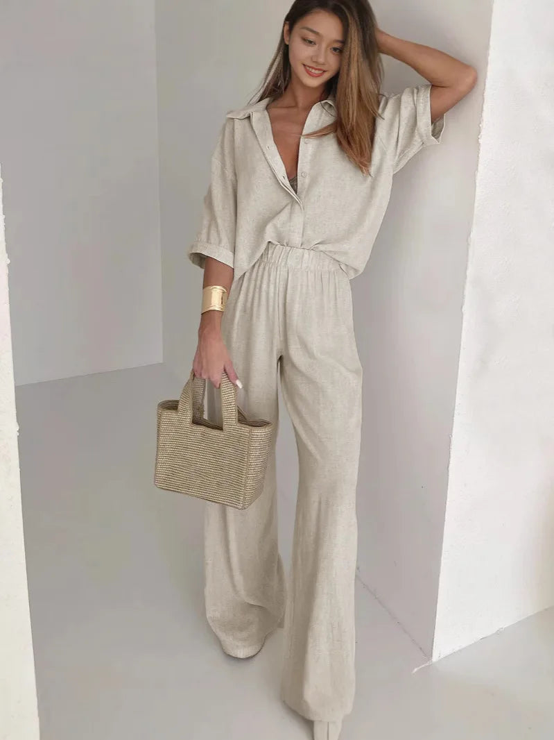 Loose Half Short Sleeve Blouse Shirt+Wide Leg Elastic Waist Long Pants Set