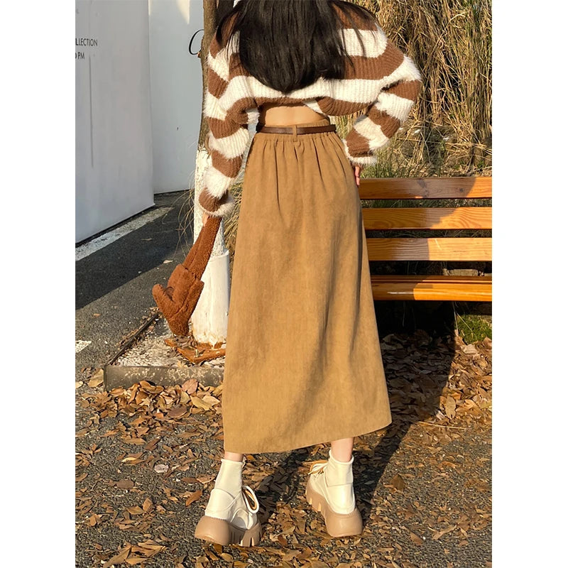 Women's High Waist Vintage Belt Corduroy Midi Skirt - Premium Skirt from Craftklart Dropship - Just $13.06! Shop now at Craftklart.store
