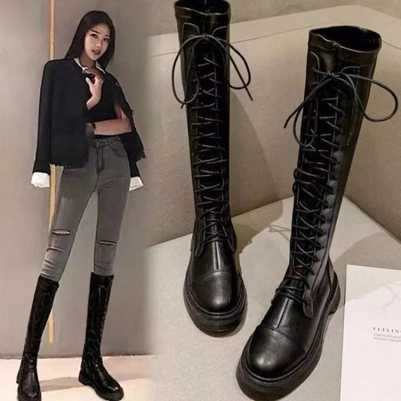 Urban Women's High Cut Thick Soled Black Lace Up Boots