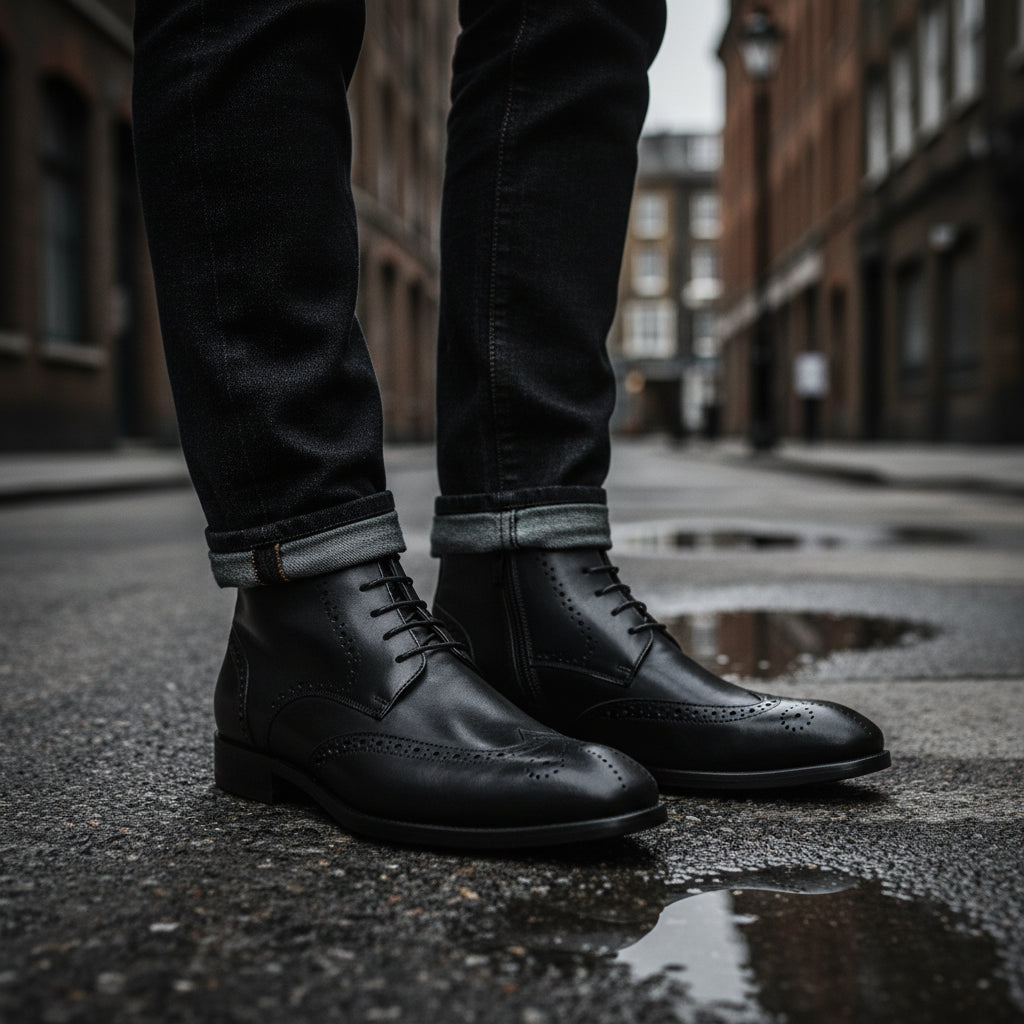 Men's genuine handmade leather ankle boots by Craftklart Dropship, showcased with detailed stitching and classic design.