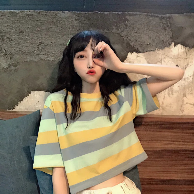 Woman's Casual O Neck Striped Short Sleeve Top - Premium T-Shirt from Craftklart Dropship - Just $6.89! Shop now at Craftklart.store