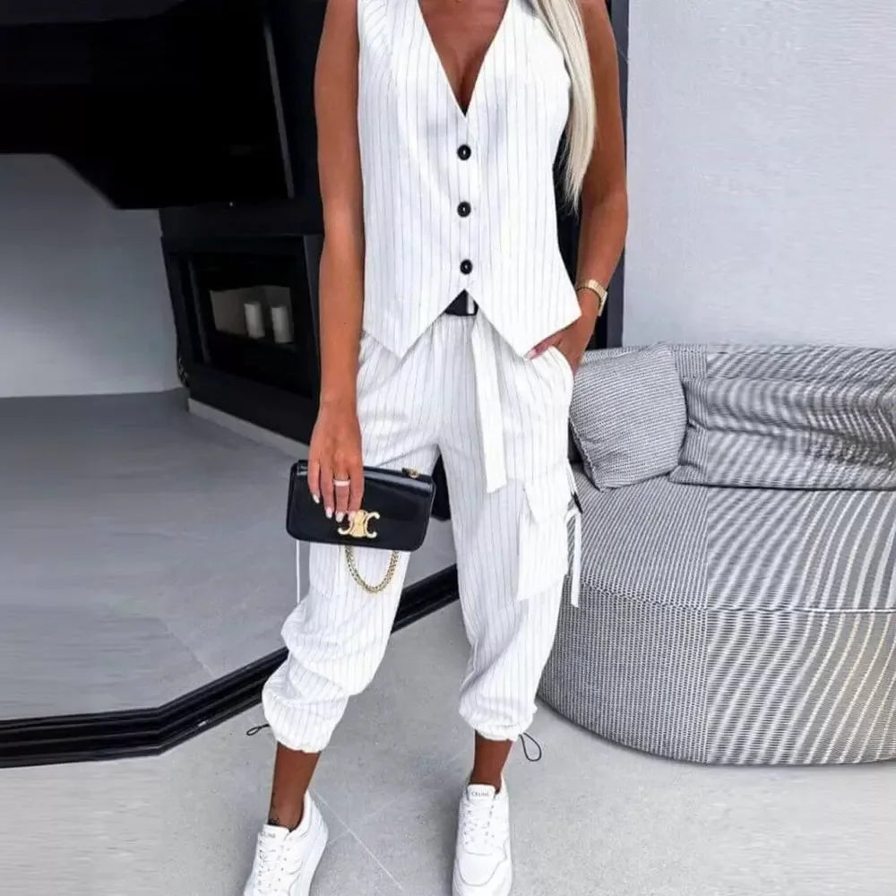 Women White Striped Sleeveless Vest Set - Premium Sets from Craftklart.store - Just $14.59! Shop now at Craftklart.store