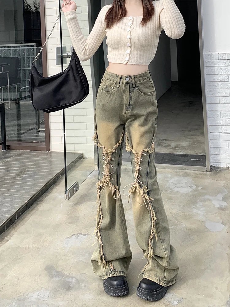 Low Rise Steampunk Flare Lace Up Denim Jeans - Premium Jeans from Craftklart Dropship - Just $32.33! Shop now at Craftklart.store