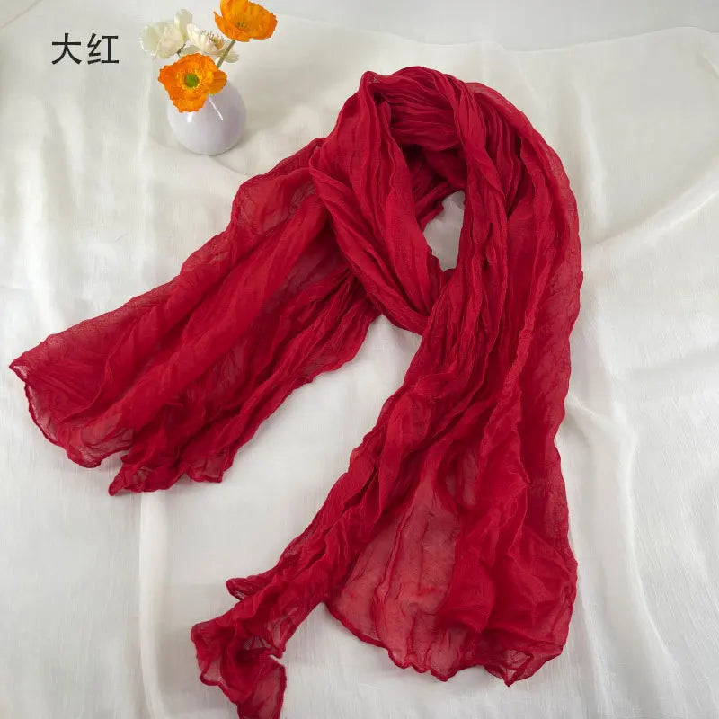 Women Soft Breathable Cotton and Linen Scarves Solid Color Pleated Scarf Retro Bohemian Style Long Wraps 180*90cm Multi Color