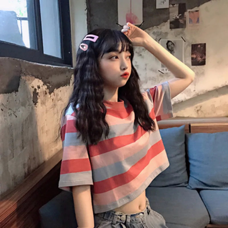 Woman's Casual O Neck Striped Short Sleeve Top - Premium T-Shirt from Craftklart Dropship - Just $6.89! Shop now at Craftklart.store