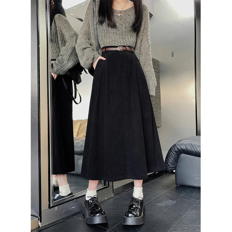 Women's High Waist Vintage Belt Corduroy Midi Skirt - Premium Skirt from Craftklart Dropship - Just $13.06! Shop now at Craftklart.store