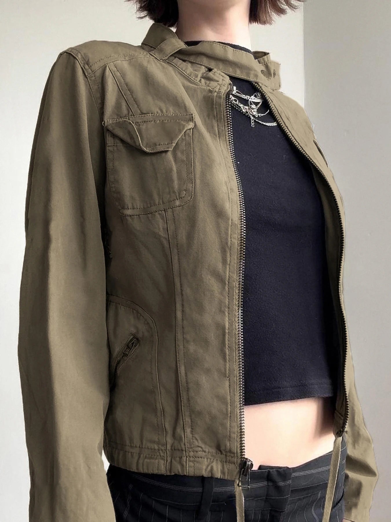Women Zip Up Stand Collar Cargo Jacket
