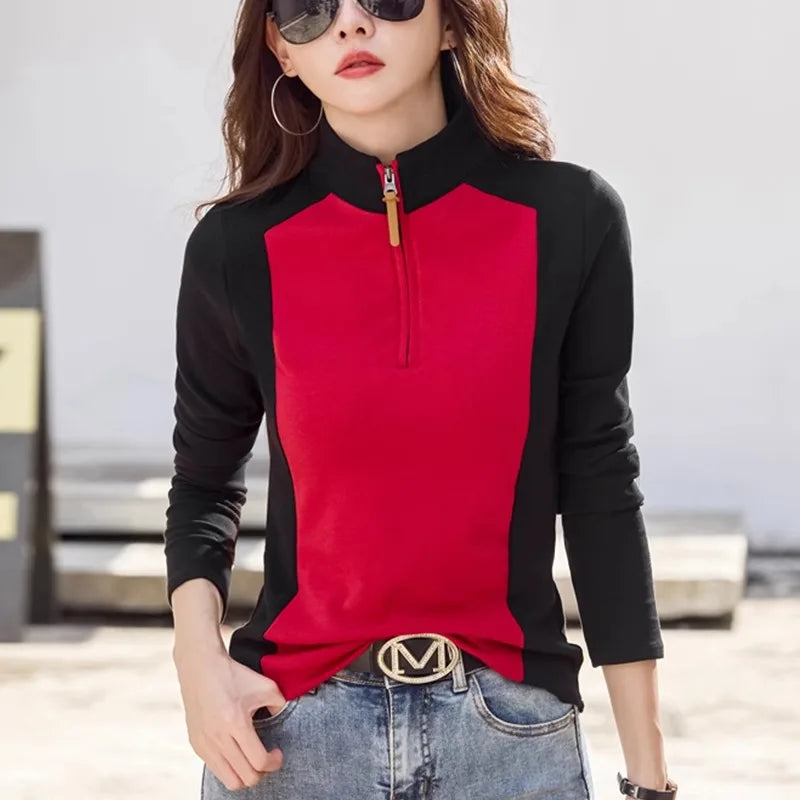 Korean Version High Neck Zipper Long Sleeved T-shirt for Women