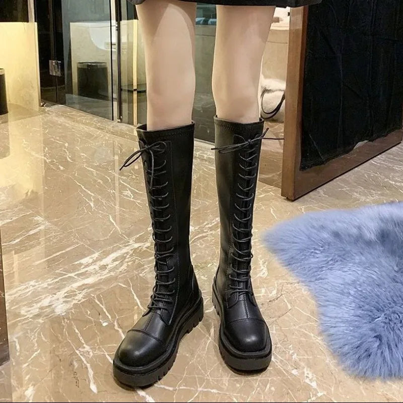 Urban Women's High Cut Thick Soled Black Lace Up Boots
