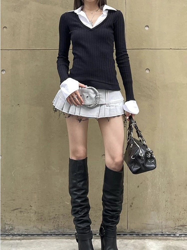 Y2k Vintage Contrast Color Patchwork Knit Long-sleeved T-shirt - Premium T-Shirt from Craftklart.store - Just $10.59! Shop now at Craftklart.store