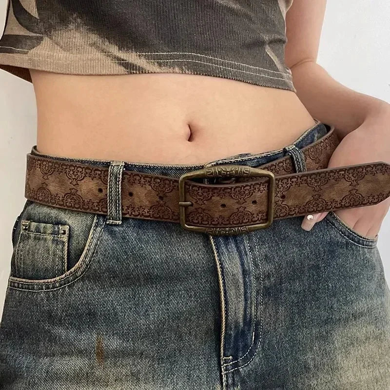 Pattern Print Retro Y2K Belts For Women Luxury Designer Brand Buckle Pin Waist Belt Female Pu Leather Hip Hop Fashion Waistband - Craftklart.store