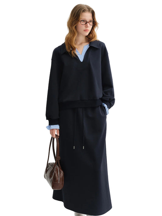 Plus Size Navy Blue Long Sleeve Top Skirt Fashion Set - Craftklart.store