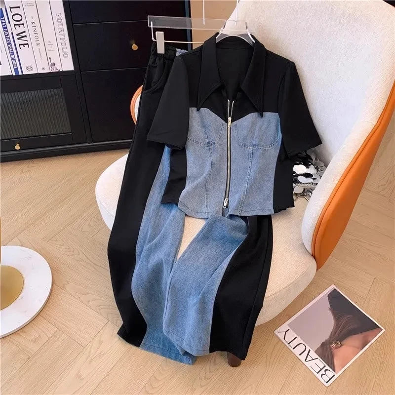 Women's Short SleeveCasual Denim Two-piece set - Premium Sets from Craftklart Dropship - Just $26.70! Shop now at Craftklart.store