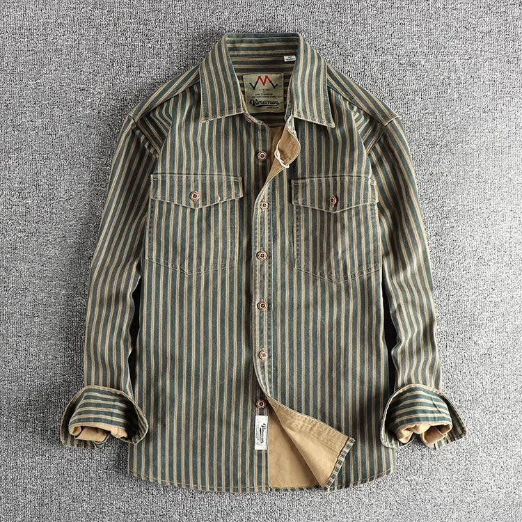 Men's American Retro Stripe Long-Sleeve Lapel Shirt - Premium Shirt from Craftklart Dropship - Just $30.30! Shop now at Craftklart.store