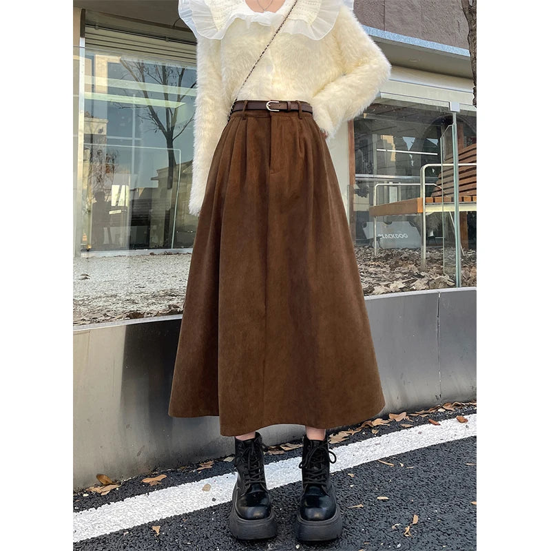 Women's High Waist Vintage Belt Corduroy Midi Skirt - Premium Skirt from Craftklart Dropship - Just $13.06! Shop now at Craftklart.store