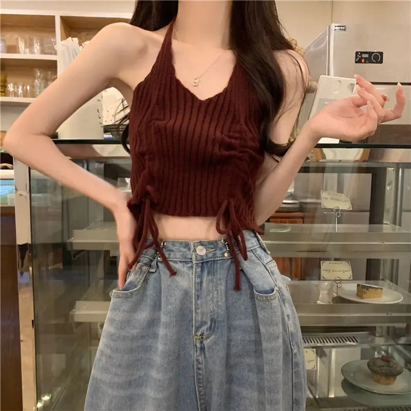 Women's Urban Hollow Stripe Long Sleeved Knitwear+Strap+Cargo Pants Set