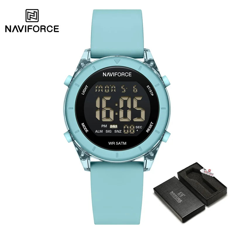 Women's digital sport watch with silicone strap, featuring a sleek display and sporty design from Urban Fashion & Streetwear.