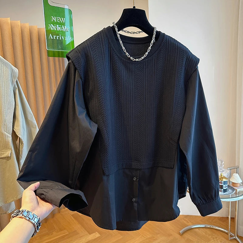 Korean Style Round Neck Patchwork Chic Blouse - Premium Blouse from Craftklart Dropship - Just $34.04! Shop now at Craftklart.store