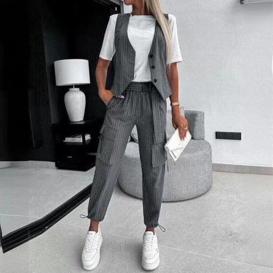 Women White Striped Sleeveless Vest Set - Premium Sets from Craftklart.store - Just $14.59! Shop now at Craftklart.store