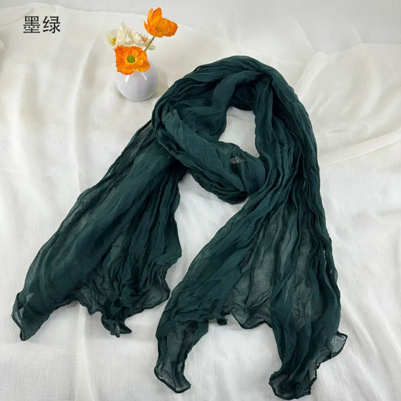 Women Soft Breathable Cotton and Linen Scarves Solid Color Pleated Scarf Retro Bohemian Style Long Wraps 180*90cm Multi Color