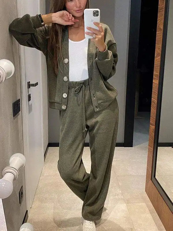 Women Casual V Neck Single Breasted Long Sleeved Coat & Pants Set - Premium Sets from Craftklart Dropship - Just $13.95! Shop now at Craftklart.store