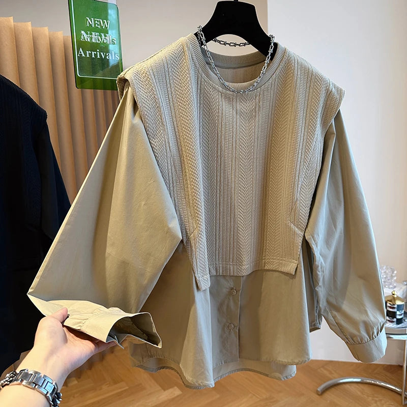 Korean Style Round Neck Patchwork Chic Blouse - Premium Blouse from Craftklart Dropship - Just $34.04! Shop now at Craftklart.store
