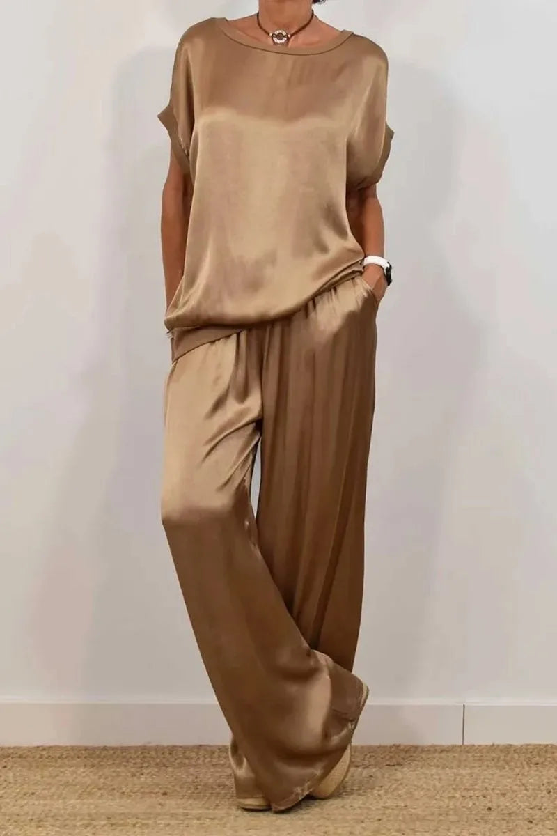 Women's Satin O-neck Short Sleeve Top + Wide Leg Pant Casual Loose Set - Premium Sets from Craftklart Dropship - Just $11.53! Shop now at Craftklart.store