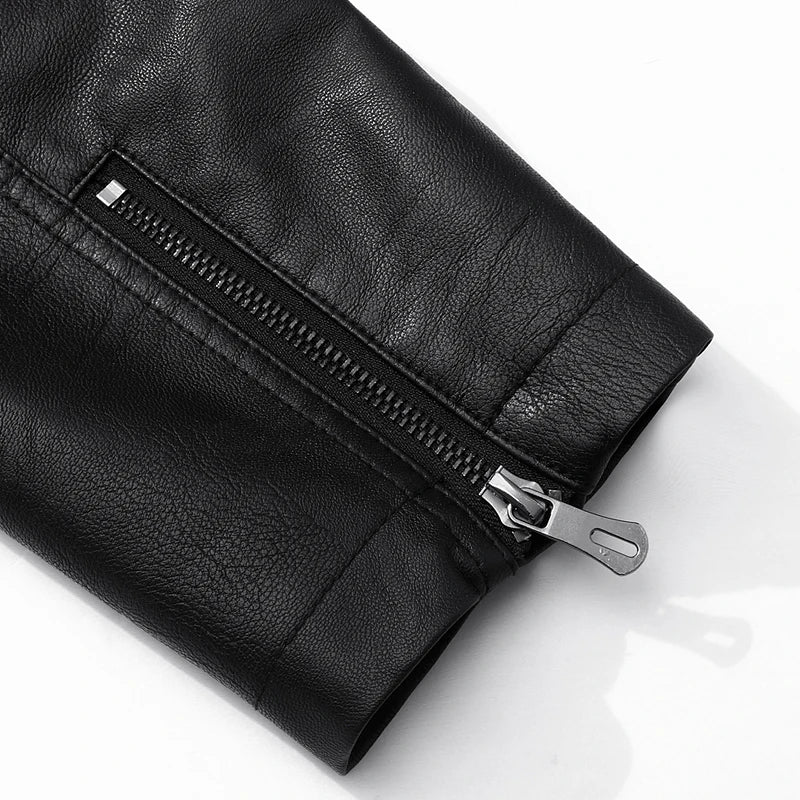 Craftklart slim fit PU leather moto biker jacket displayed on a model, streetwear style, with classic collar and zip details