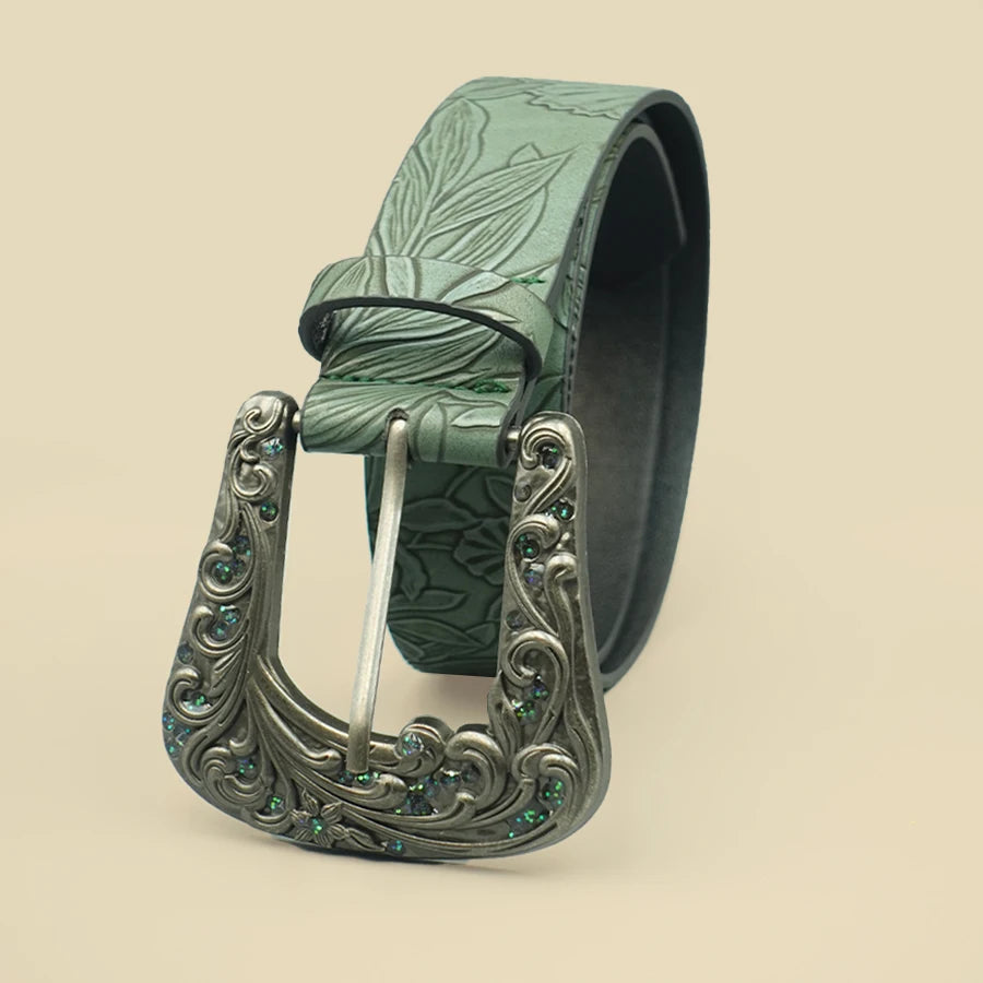 Vintage Dark Color Carved Women's Belt with Leaf Print