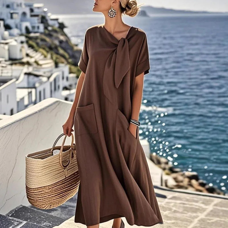 Vintage Crew Neck Lace-up Loose Long Dress
