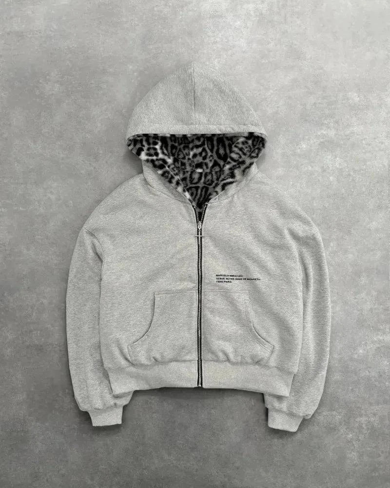 Two-sided Harajuku retro leopard print loose zipper hoodie by Craftklart Dropship, featuring bold leopard pattern and casual fit.