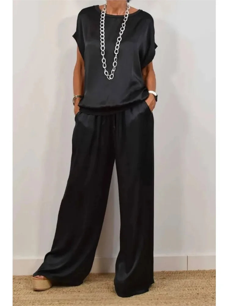 Women's Satin O-neck Short Sleeve Top + Wide Leg Pant Casual Loose Set - Premium Sets from Craftklart Dropship - Just $11.53! Shop now at Craftklart.store