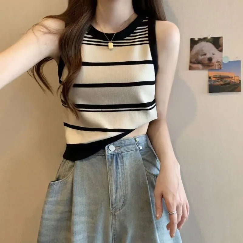 Women's Striped Knitting Sleeveless Contrasting Tops (Pink/Black and White) - Premium Shirts & Tops from Craftklart Dropship - Just $6.20! Shop now at Craftklart.store
