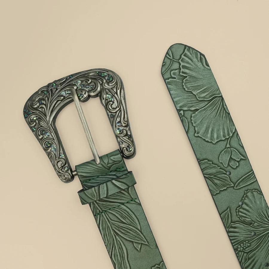 Vintage Dark Color Carved Women's Belt with Leaf Print