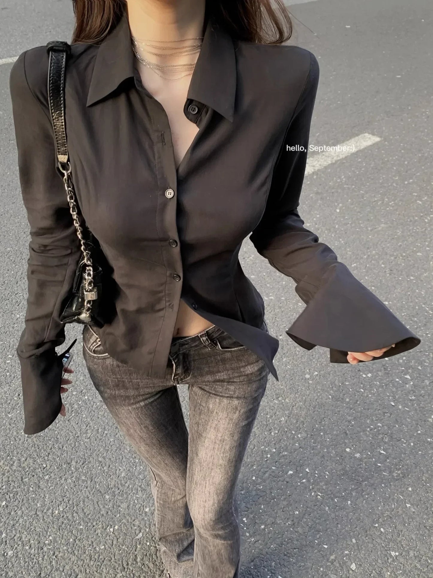 Women Vintage Gotham Turn-down Collar& Flare Sleeve Shirt - Premium shirt from Craftklart Dropship - Just $24.03! Shop now at Craftklart.store